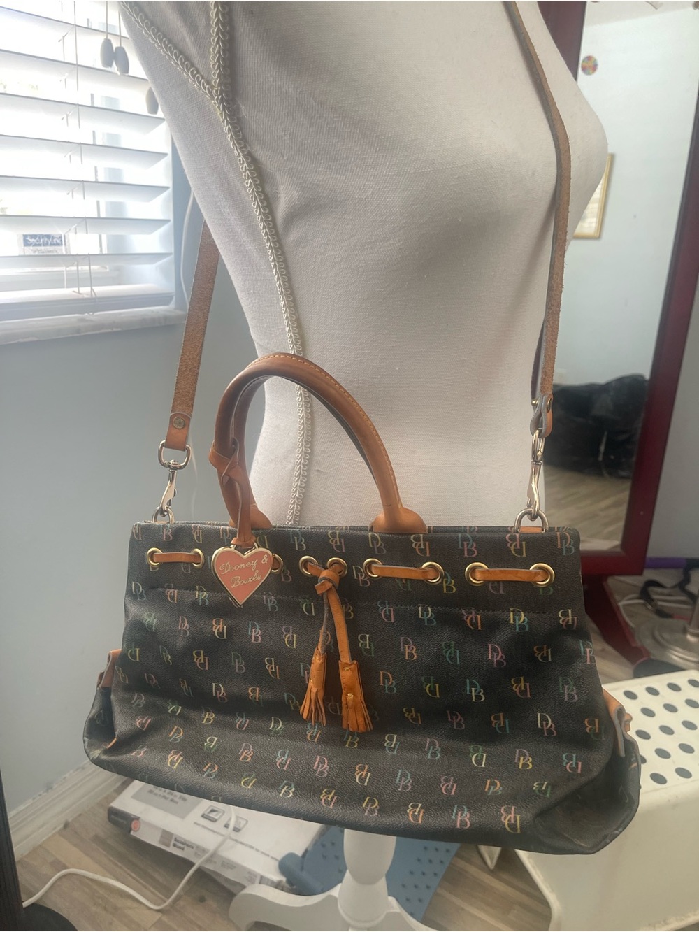 Dooney & Bourke Black Multicolor DB Signature Satchel with Brown Trim Vintage